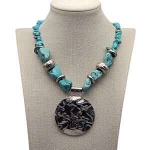 Jules Turquoise Chunky Bead Necklace with Silver Scroll Engraved Pendant